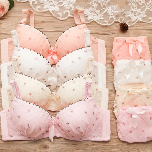 Wholesale factory polka dot floral girl bra cover set pure cotton lace student girl underwear