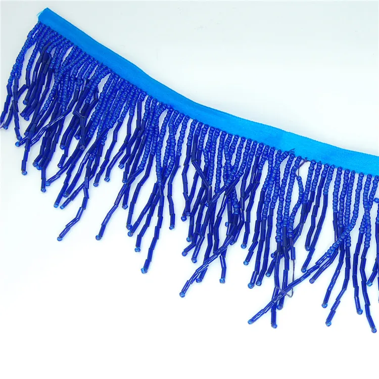 Wholesale blue ribbon bugle tassel trimming beaded fringe for dress costume