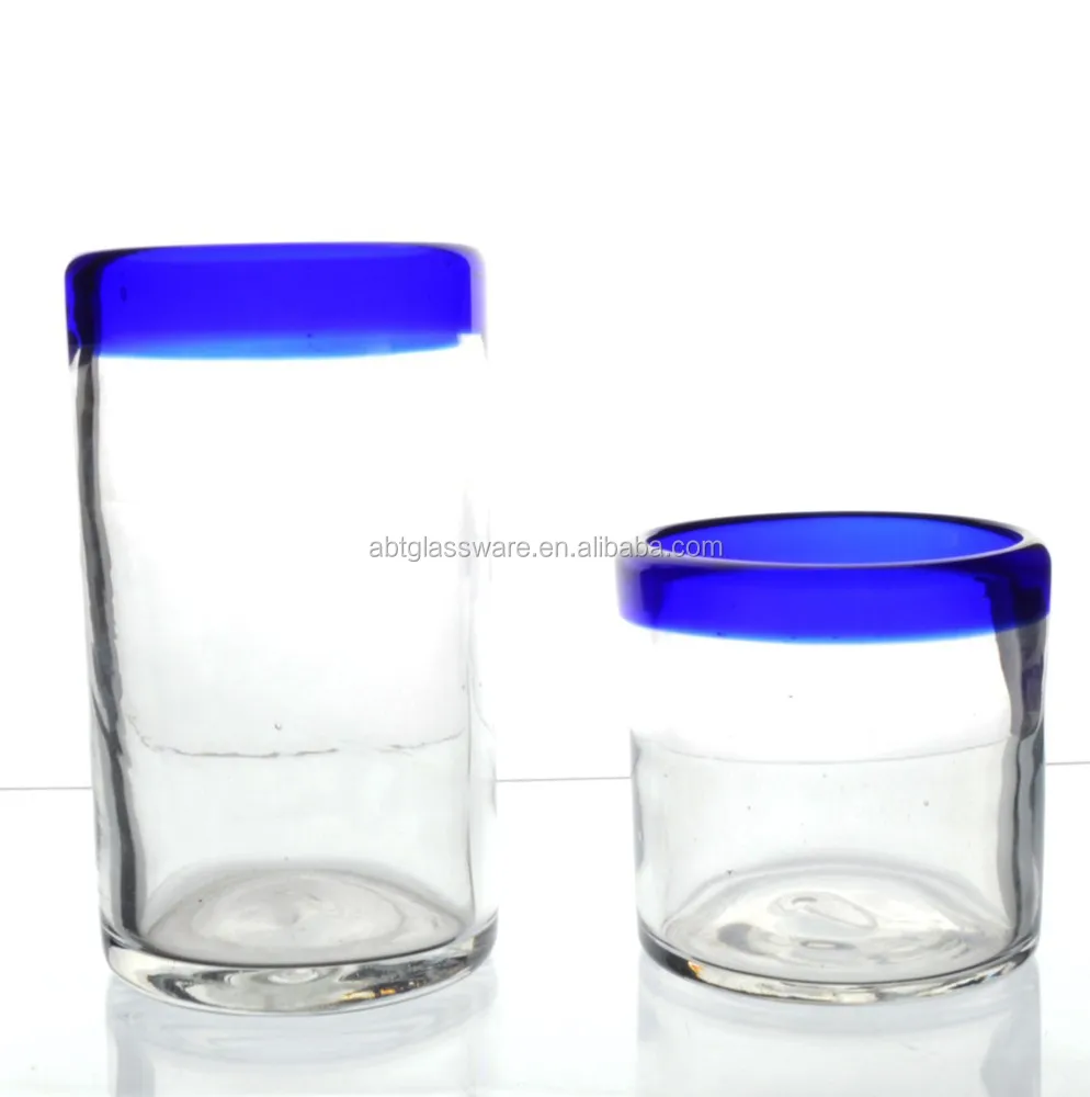 Mexican Glass Blue Rim Tumblers