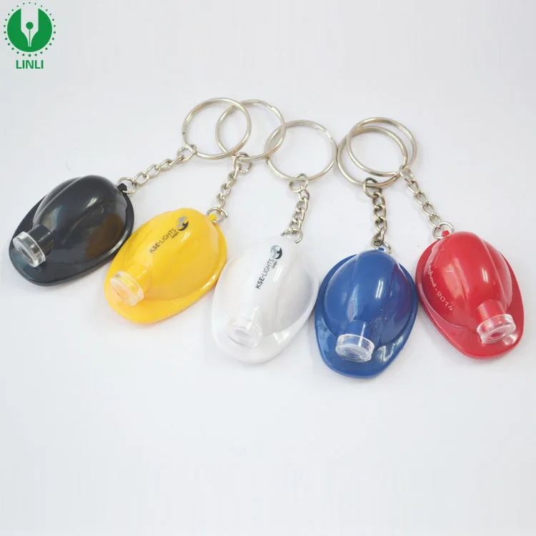 Giveaways Custom Logo Mini Plastic Light Up Led Helmet Keychain, Safety LED Flashlight Hat Keyring