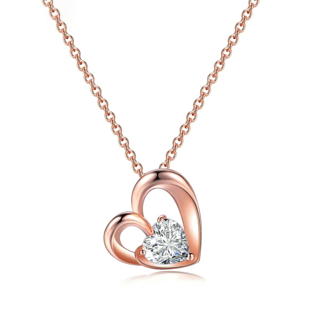 Woman fashion environmental copper jewellery beautiful rose gold color cz diamond necklace with heart shape pendant N056