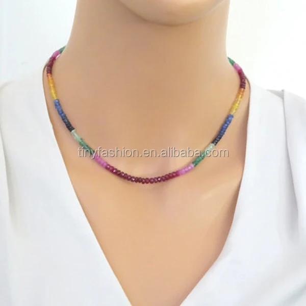 Colorful Genuine precious Sapphire Ruby & Emerald faceted Beads Necklace Multi Natural gemstone Necklace