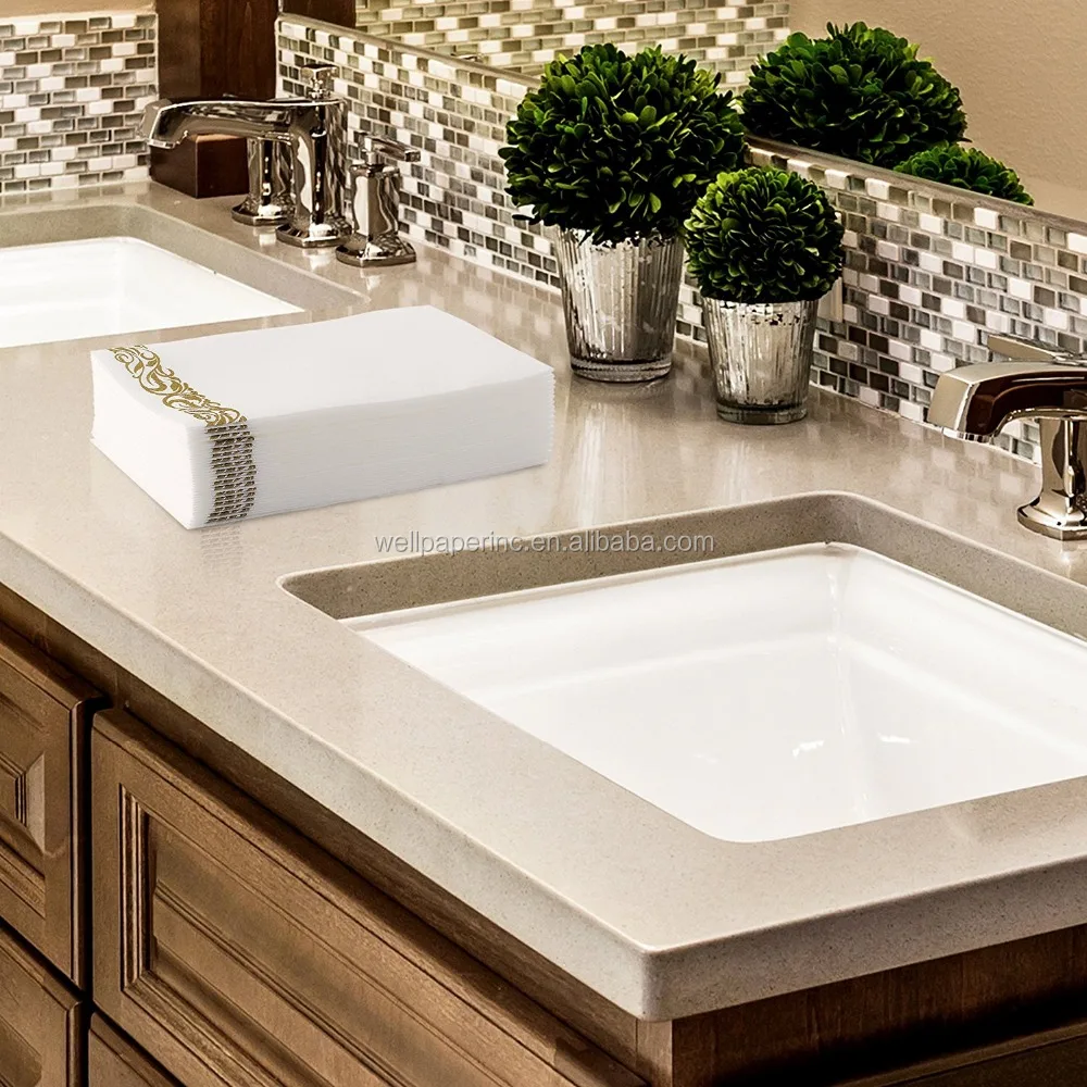 Soft and Absorbent Linen-Feel Paper Guest Towels Disposable Hand Towels & Decorative Bathroom Napkins White and Gold (100-Pack)