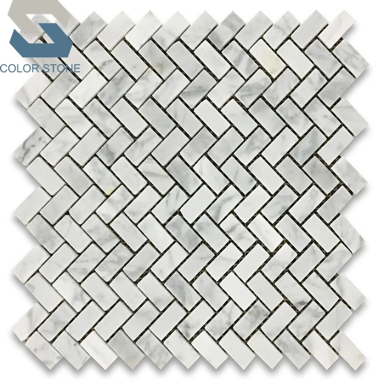 Carrara herringbone marble mosaic shower tile wall bathroom remodel design