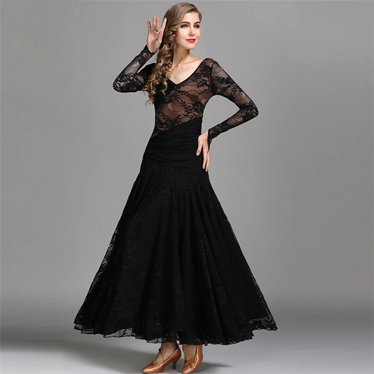 Women Elegant International Standard Long Sleeve Lace Ballroom Dress