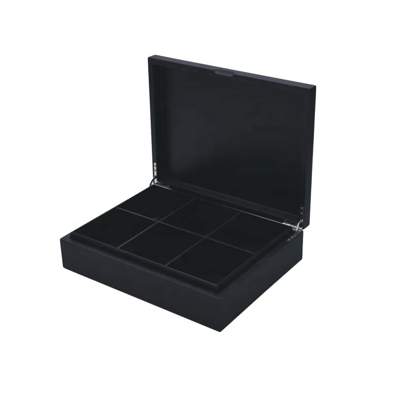custom black luxury 6 compartments wooden tea bag gift packing box
