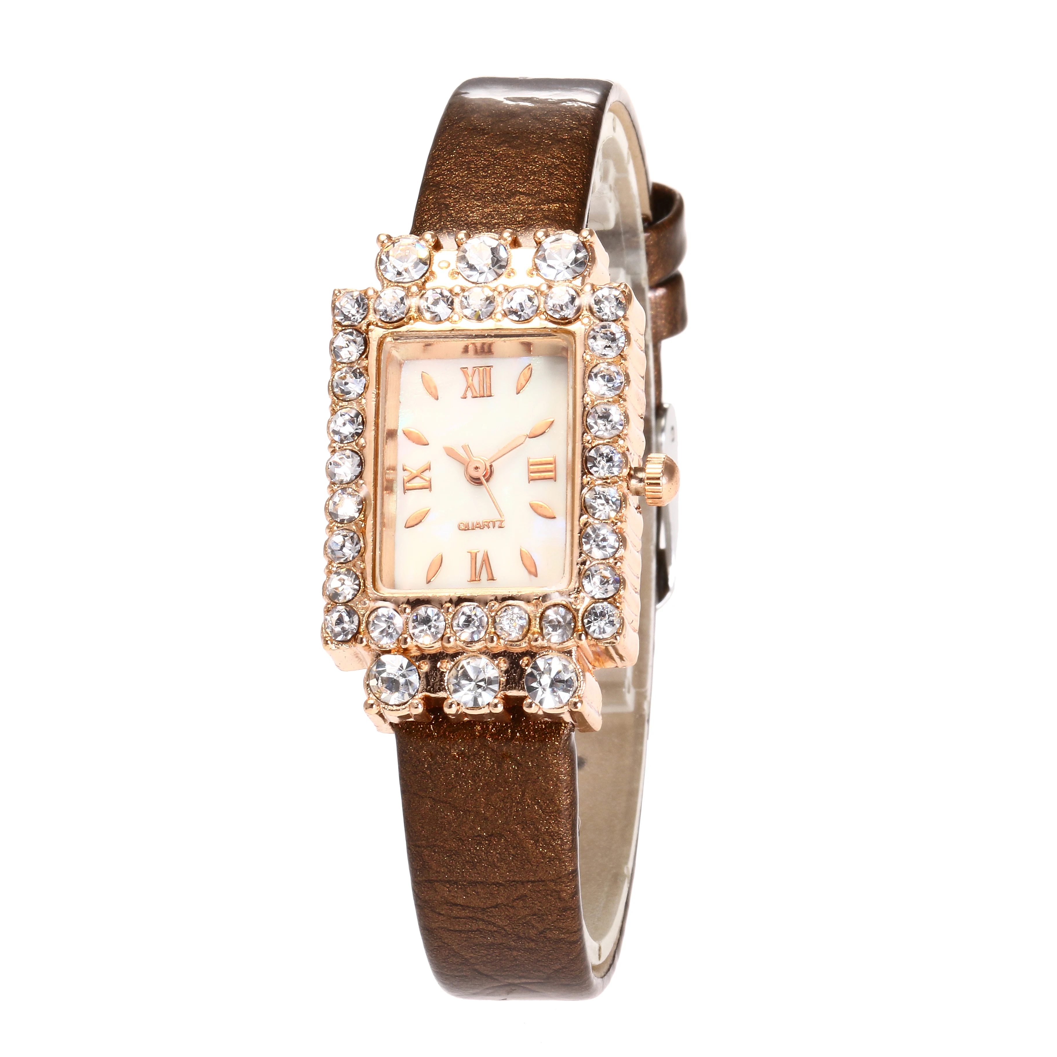 Low Prices Women Leather Strap Square Dial Diamond Quartz Wrist Slim Stone Lady Watch JSW-0967