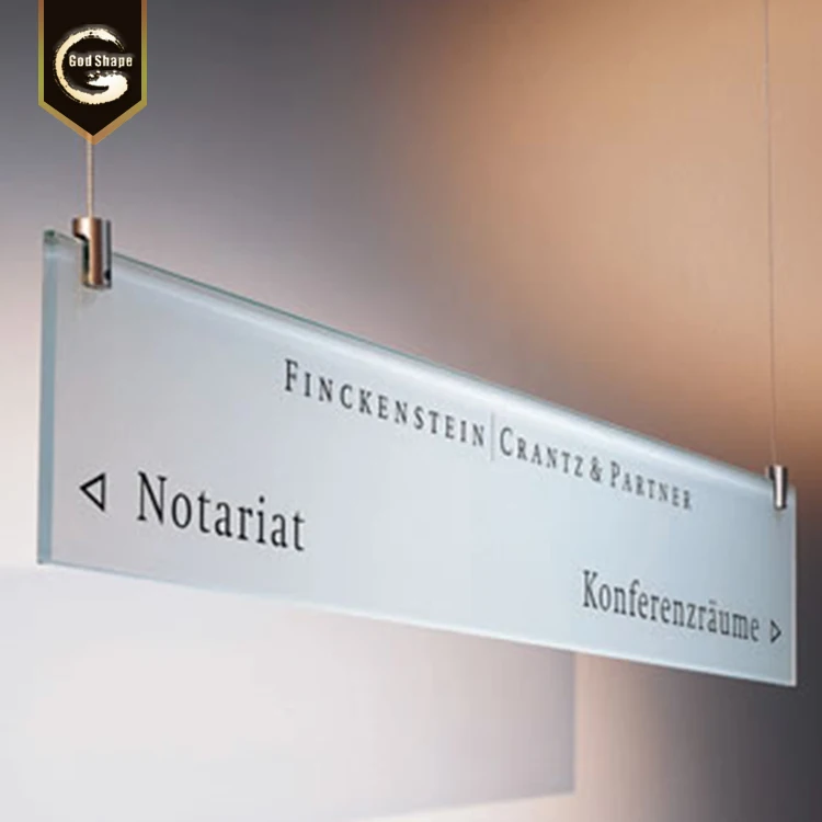 Custom hanging Frosted Tempered Glass interior non-illuminated signage  office guid system wayfinding and directional sign