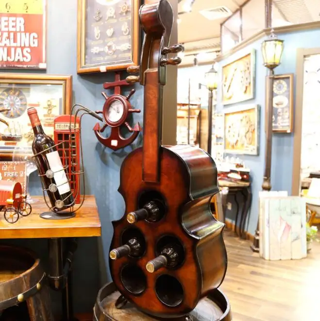 Mettle Hot Sale Wholesale Big Handmade Retro Violin Wooden Creative Wine Holder For Bar Decoration