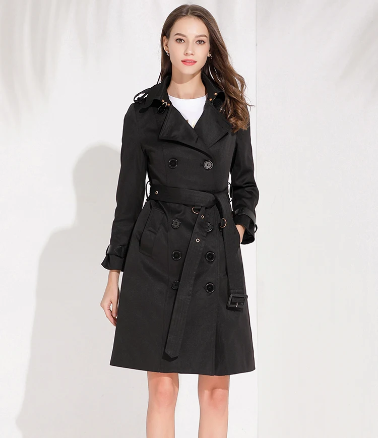 
Wholesale Autumn and Spring Women Fashion Lapel Collar British Style Long Sleeve Double Breasted Trench Coat 3 Colors 
