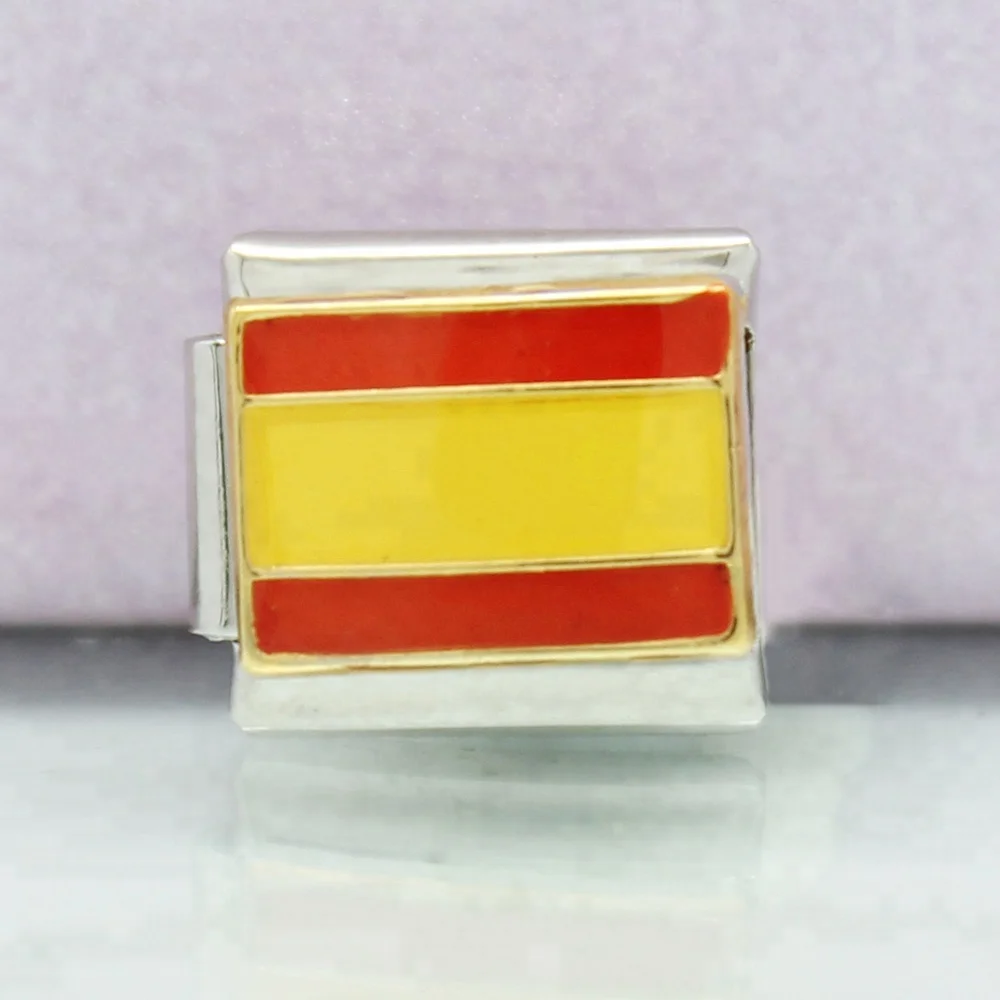304 stainless steel classic size 9mm red yellow enamel Spain Spanish country flag national links Italian Charm Bracelet