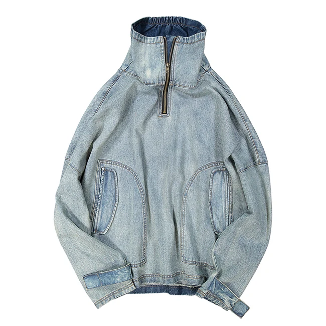 Custom casual high collar loose retro oversize denim jacket for men
