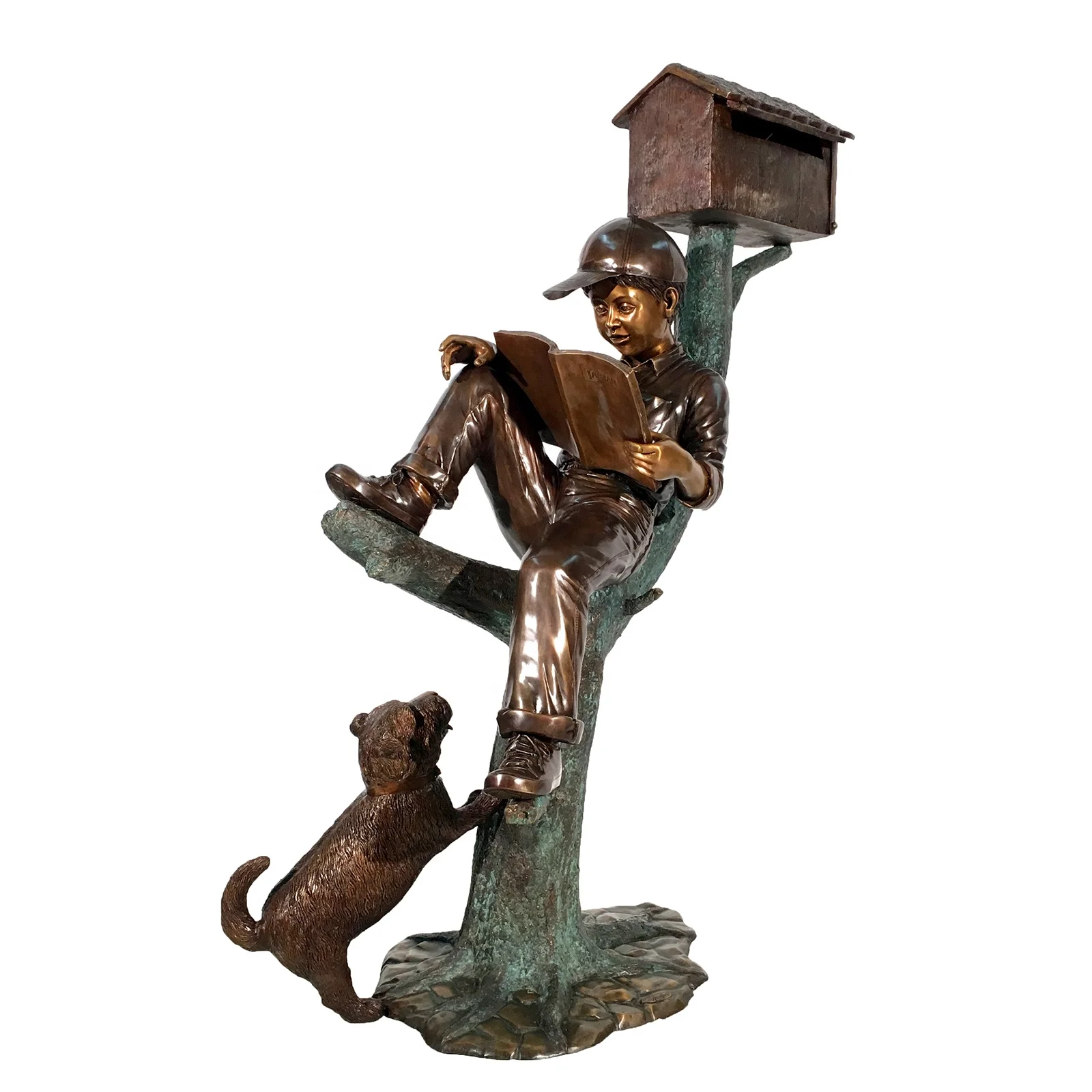 Home Garden Decoration Bronze Figure Sculpture Reading Boy Mailbox Statue Sit On Tree With Dog