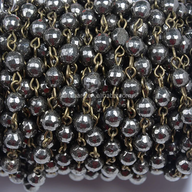 Antique Bronze Wire Wrapped Chain Rolls Natural Hematite Bead Rosary Link Precious Stone Necklace for D I Y