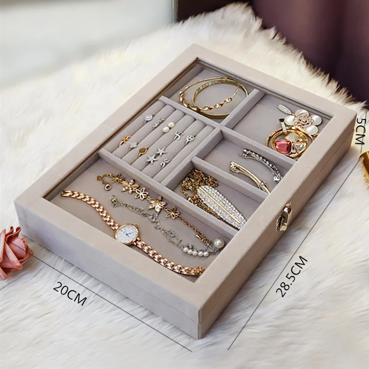 
Glass flannelette Acrylic Tray Showcase Display Ring Luxury Storage Boxes Organizer Velvet Jewelry Box 