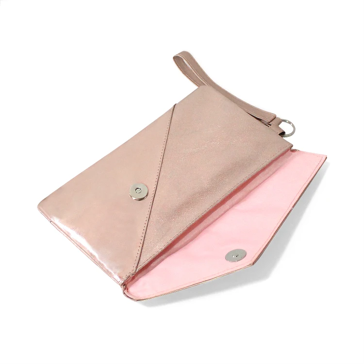 Fashion Modern Ladies Evening Party Rose Gold PU Leather Clutch Bag for Women Teamtai Bags Keyring + Hand Strap Fold Over CN;ZHE