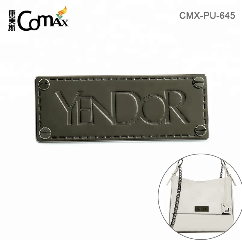 Custom Gunmetal Metal Label Engraved Logo 4 Corners with Screws Decoration for Bags