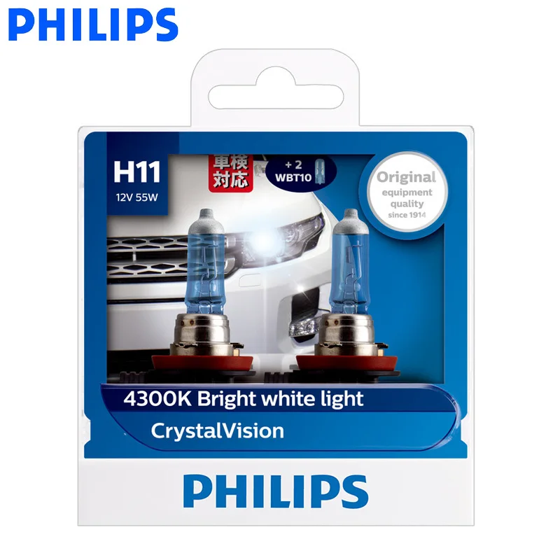 Philips H11 12V 55W Crystal Vision 4300K Halogen Bulbs Bright White Light Car Lamps Stylish Look UV Resistant 12362CVSM, Pai