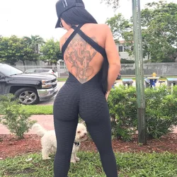 Anti Cellulite Cross Backless Jumpsuit Push Up Workout Sexy Sleeveless Solid Bodysuit Casual Fitness Women Long Playsuits