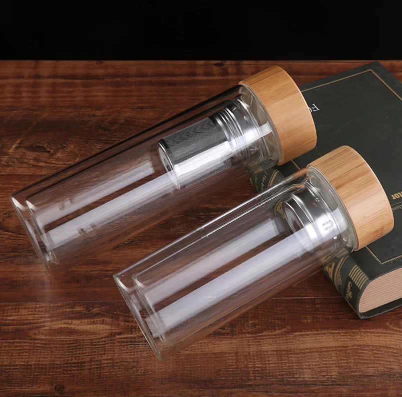 2020 new design 400ml Eco-Friendly double wall high quality Bamboo lid glass tea water drinking bottle