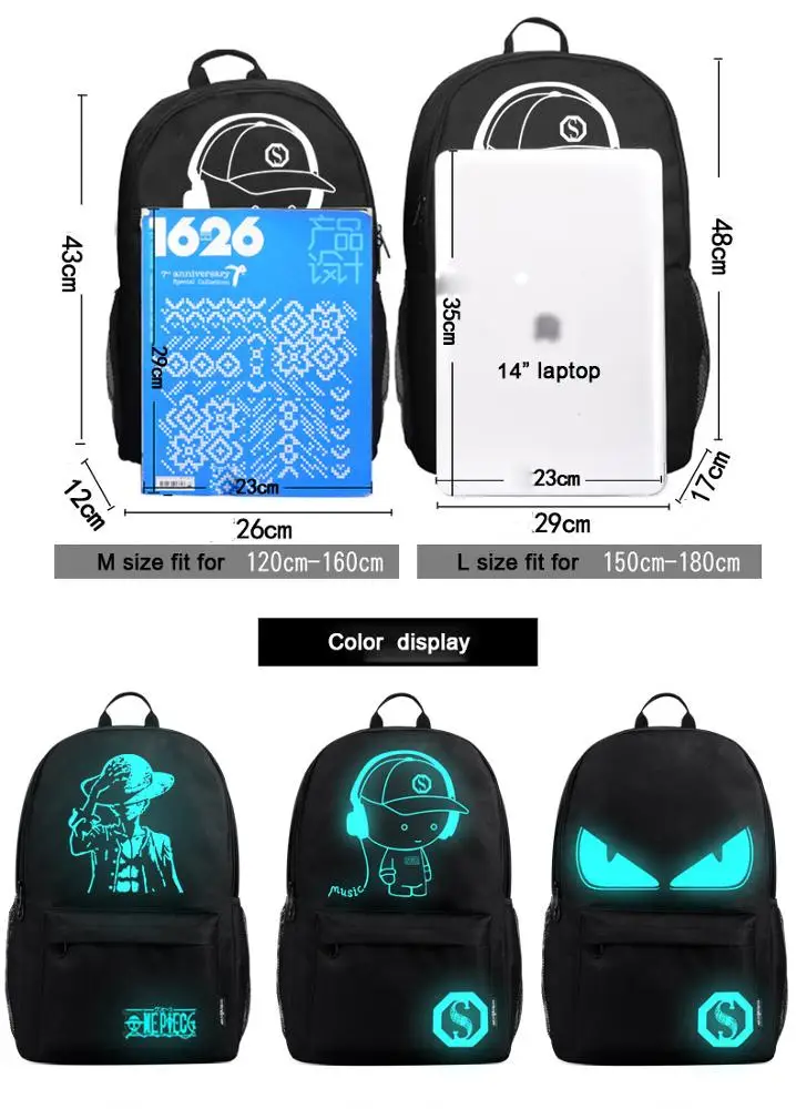 Glow In The Dark Polyester School Backpack For Teenager USB Charge Computer Anti-theft Laptop Backpack 14/15.6 Inch