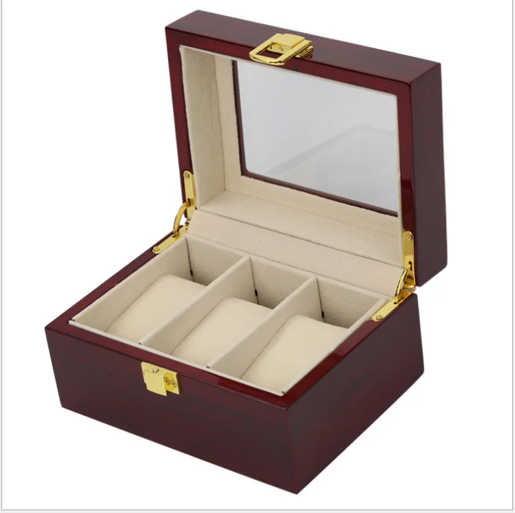 Hot Selling 3 Slots Glossy Mahogany Lacquer Solid Wood Watch Bracelet Packaging Storage Box With Glass Lid
