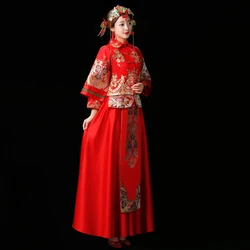 High quality red chinese custom made long sleeve traditional embroidered wedding dress