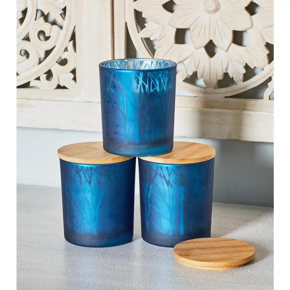 Electroplated cobalt blue glass candle holder jars with wooden lid