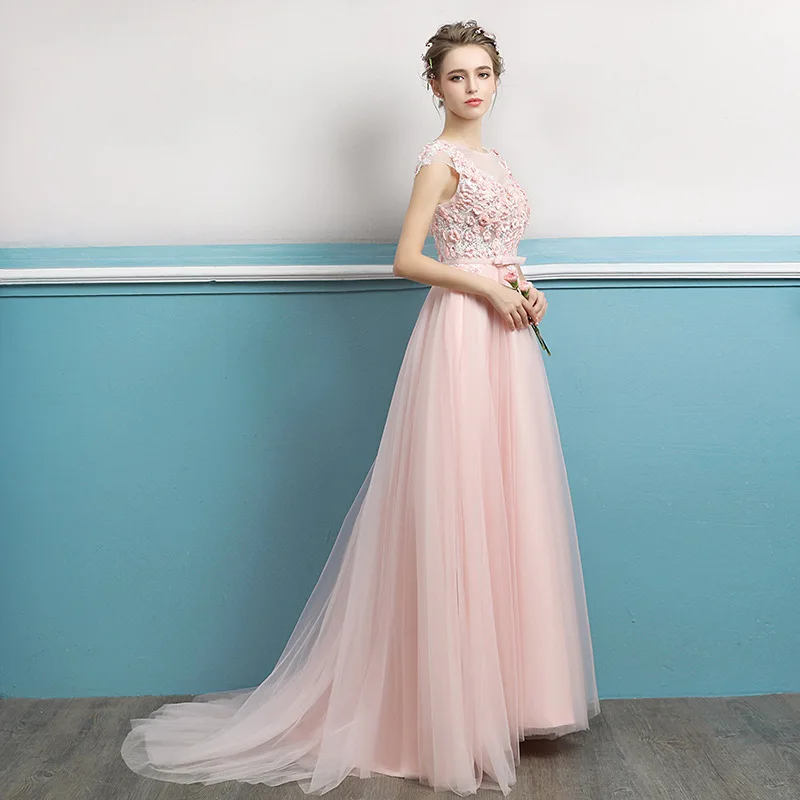 
Sleeveless Tank Dress Floor Length Sweep Train A-line Chiffon Prom Dress Appliqued pink evening dresses 2018 