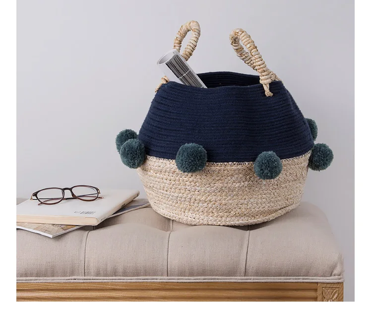 Rope Baskets Handmade Woven Pompom Large Foldable Straw Seagrass Belly Laundry Storage Cotton Household as Photo