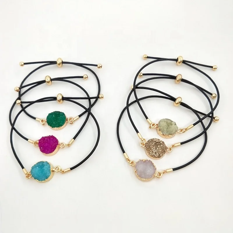 
black leather gold charm bracelet femme colourful resin adjustable size 