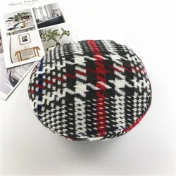 Winter High Quality Vintage Plaid Wool Stitching Check Ladies Army Beret