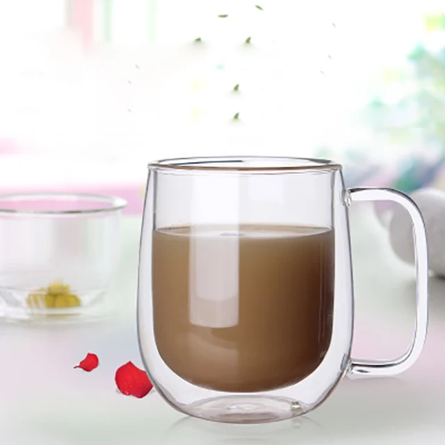 
Unbreakable borosilicate double wall glass coffee cup with handle 