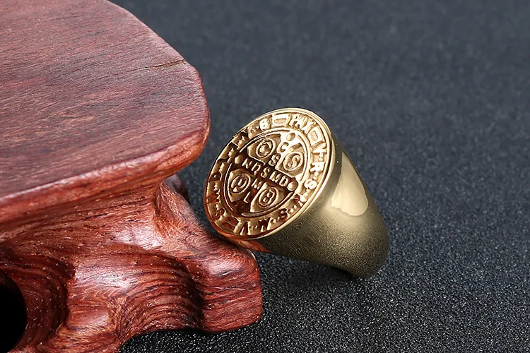 Custom 14K Gold Plated Catholic St Benedict Exorcism Signet Ring