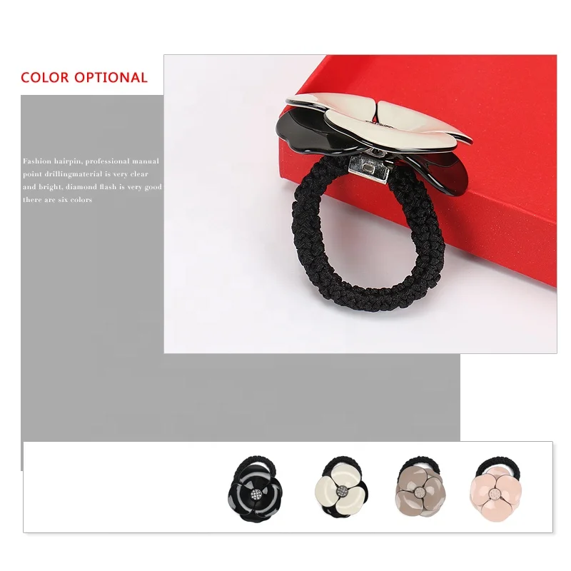 Fashion Camellia Design Elastic Hair Band Multicolor Camellia Hair Ties Acetate Rhinestone Rubber Band for Women