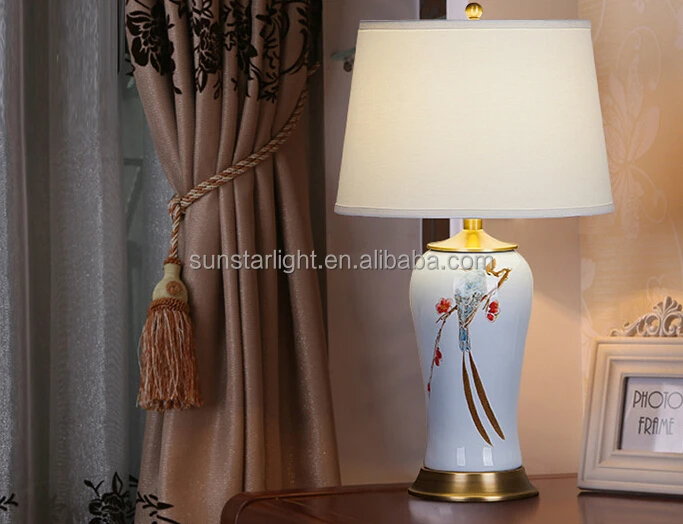 Printing Ceramic Body With Fabric Lampshade Modern Desk Lamp Bedroom Living Room Table Lamp