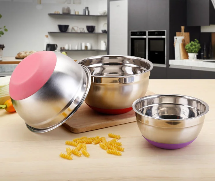 
China wholesale stainless steel basin with silicone lids and measurement lines with plastic cover fruit salad mixing bowl set 