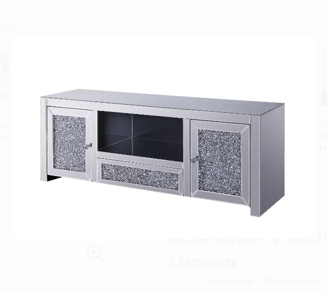 Sparkly Mirrored TV Stand  2 Door 1 Drawer Crushed Diamonds Long Bench For Living Room