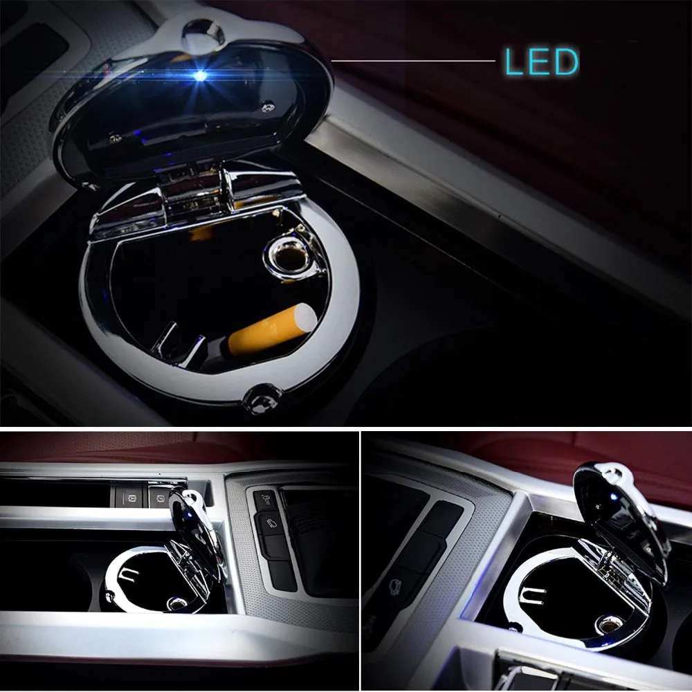 Car Ashtray, Easy Clean Up Detachable Stainless Car Ashtray with Lid Blue Led Light and Removable Lighter for Most Car Cup Holde