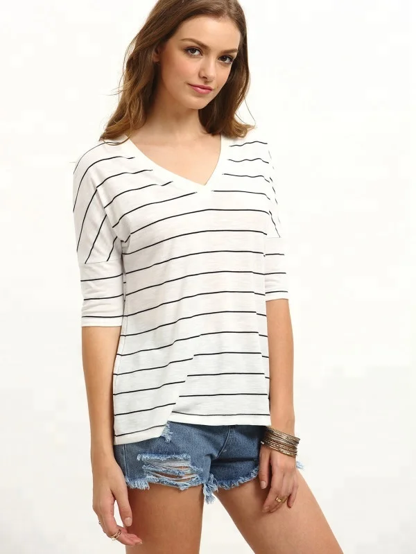 Ladies V Neck Stripe Elbow Half Sleeve T-Shirt