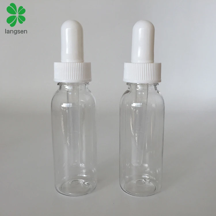 Wholesale 30ml 1 oz/ounce plastic PET clear bottle with dropper, essential oil, pharmaceutical dropper white cap