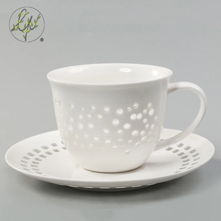 Exquisite Hollow White Transparent Glaze Custom Porcelain Latte Or Cappuccino Coffee Cups With Tray