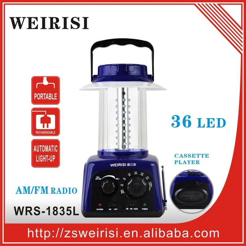 Portable rechargeable emergency LED light with cassette player & FM radio for camping/hiking/home (WRS-1835L)