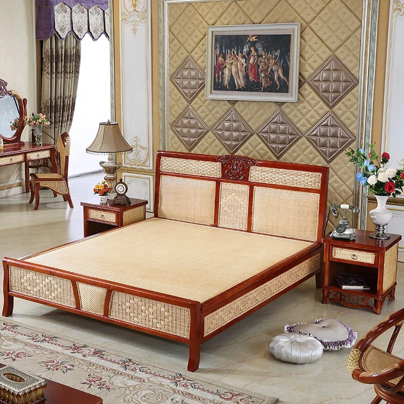 Sample Nice Design Home Furniture Cane Wood Hand Carved Bed Set