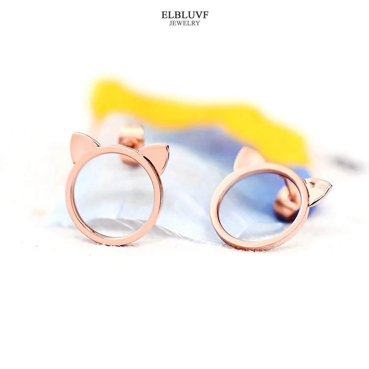 
ELBLUVF Free Shipping Stainless Steel 18K Rose Gold Plated Animal Cat Ears Cat Stud Earrings Jewelry 