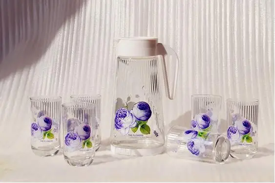 
New design 7pcs decal printed glass drinking jug set with 1 jug & 6 glasses cup/water&juice pitcher set 