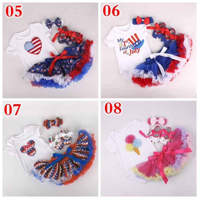 
4PCS SET JULY 4TH Newborn Princess Skirt Set Baby Pengpeng Skirt Baby Girl Birthday Dress Skirt Lovely Baby Girls Clothes 