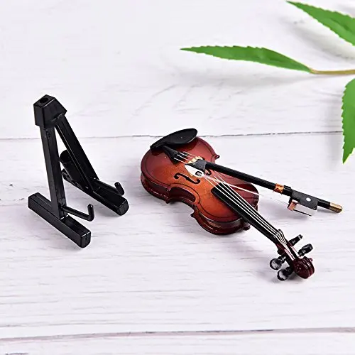 Size 3 inch Mini Violin Dollhouse Miniature Musical Instrument Wooden Model Decor Bow, Stand Support Case