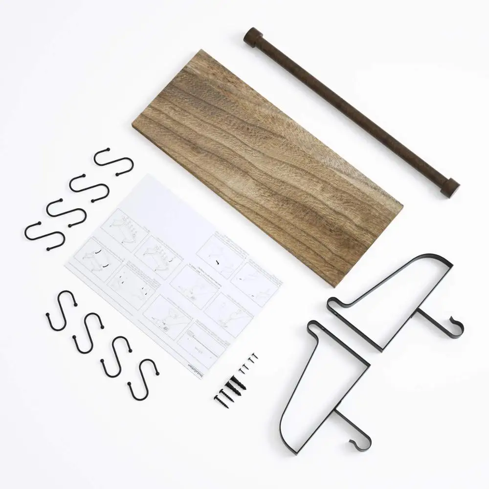 Floating Shelf Wall Shelf for Storage - Rustic Wood Kitchen Spice Rack with Towel Bar and 8 Removable Hooks for Organize Cooking