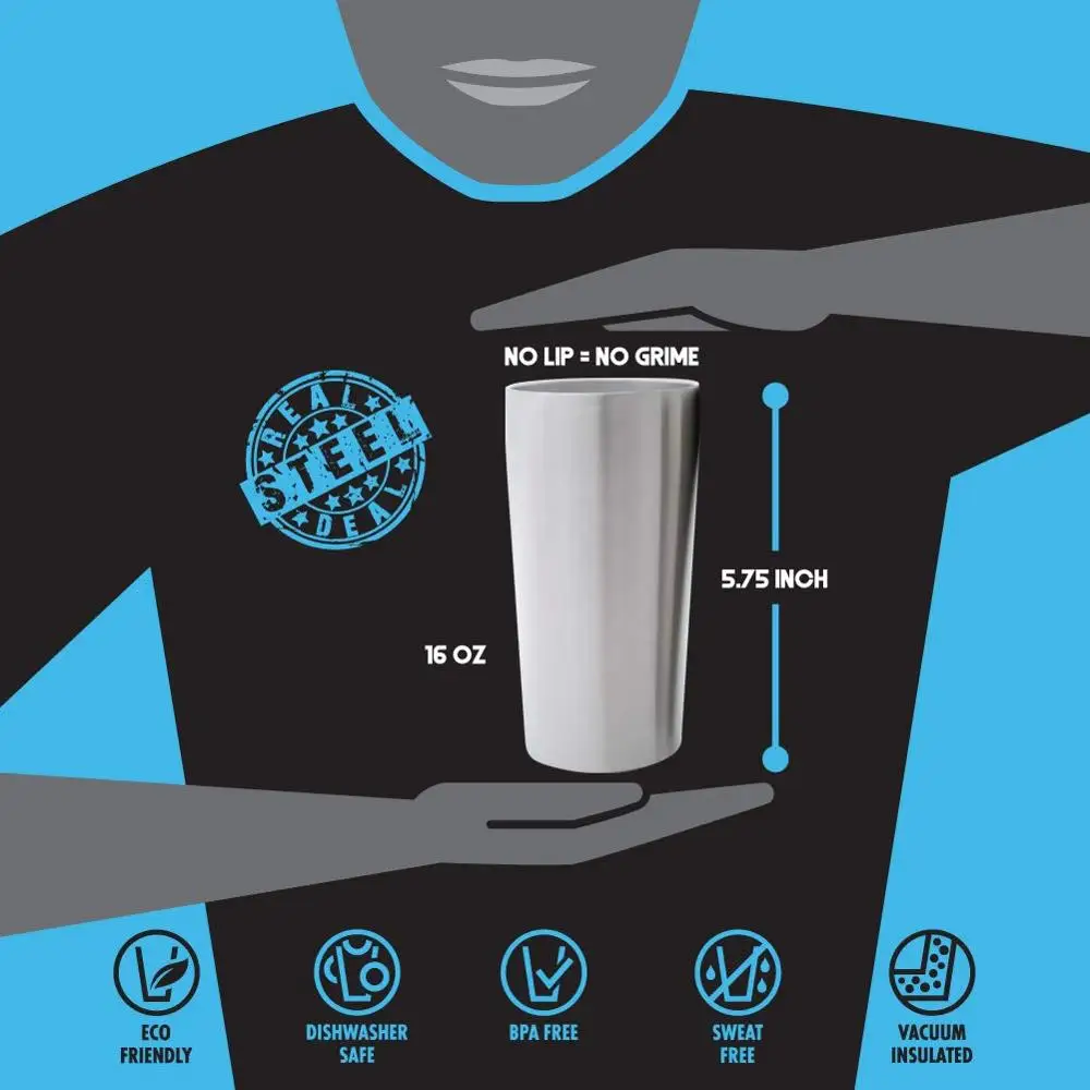 16oz Stainless Steel Pint Glasses Double Wall Vacuum Insulated Metal Cups to Keep Drinks Cold or Hot Sweat Free Beer Tumbler